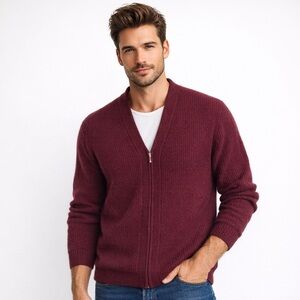 Esprit Men’s Lambswool Zip Cardigan Burgundy XL Ribbed Sweater